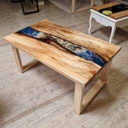 "Sea Table, Dog Table With Photo & Paw Prints, Epoxy Resin River Made Of Linden Wood, Coffee Sofa ""For Display"