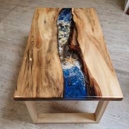 "Sea Table, Dog Table With Photo & Paw Prints, Epoxy Resin River Made Of Linden Wood, Coffee Sofa ""For Display" - thumbnail 2