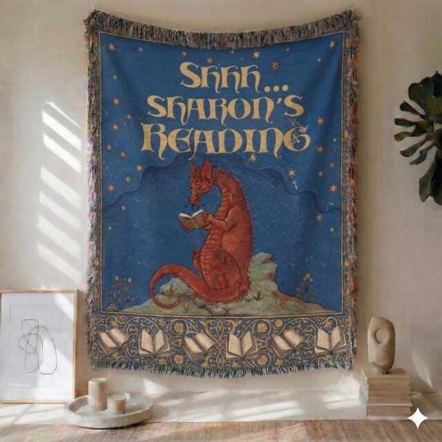 Personalized Dragon Woven Blanket - Custom Book Lover Gift, Reading Nook Decor, Dark Academia Tapestry, Medieval Fantasy Decor - image 1