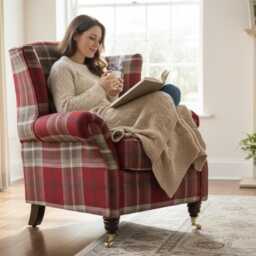 Lounge Chair Living Room High Back Check Fabric Available in Red/Green & Spice - thumbnail 2