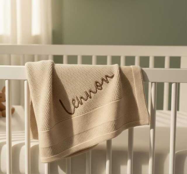 Personalised Knitted Baby Blanket, Beige Baby Snuggle Pram Cot Blankets, Shower Gift, Newborn Gift - image 1