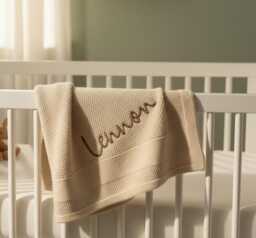 Personalised Knitted Baby Blanket, Beige Baby Snuggle Pram Cot Blankets, Shower Gift, Newborn Gift - thumbnail 1