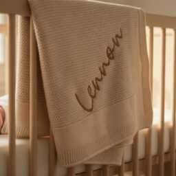 Personalised Knitted Baby Blanket, Beige Baby Snuggle Pram Cot Blankets, Shower Gift, Newborn Gift - thumbnail 2