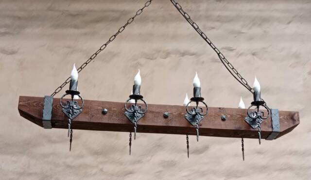 Wood Beam Chandelier Rustic Wrought Iron Medieval Lighting - image 1