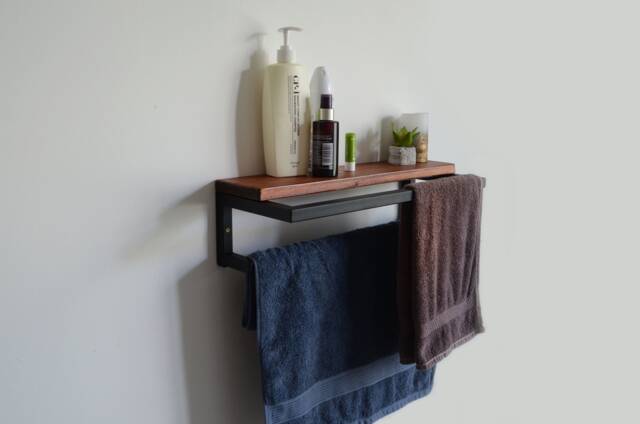 Industrial Wooden Towel Rack Wall Mount Bathroom Organizer - image 1
