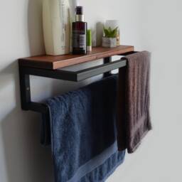 Industrial Wooden Towel Rack Wall Mount Bathroom Organizer - thumbnail 3