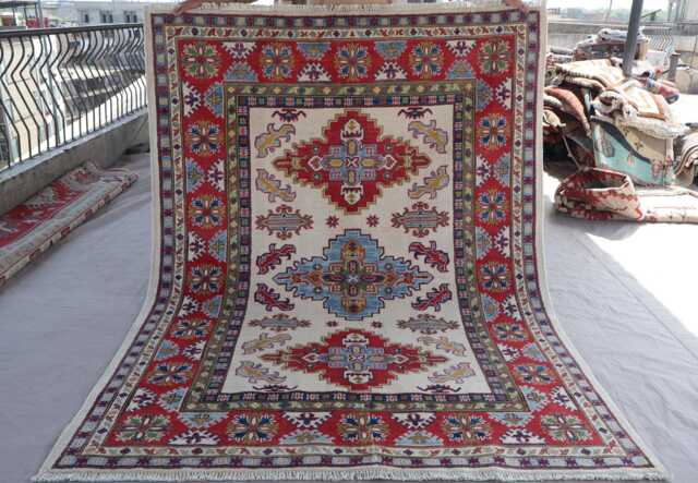 5x7 Beige Afghan Kazak Area Rug, Caucasian Hand Knotted Veg Dyes Wool Oriental Turkmen Bedroom Living Room Kitchen Rug - image 1