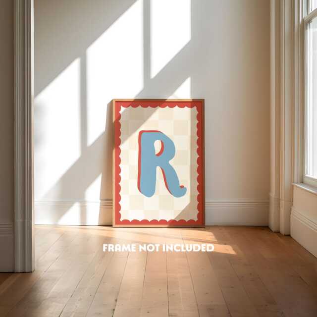 Circus Theme, Boys Bedroom Initial Print, Retro Nursery, Toddler Wall Art, Colourful Kids Decor, Red Blue, Striped, Checkered, Scallop - image 1