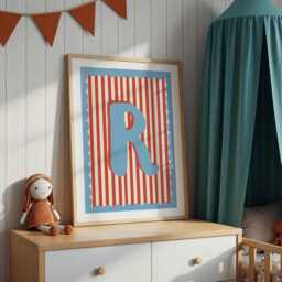 Circus Theme, Boys Bedroom Initial Print, Retro Nursery, Toddler Wall Art, Colourful Kids Decor, Red Blue, Striped, Checkered, Scallop - thumbnail 2