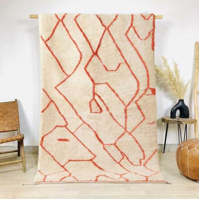 Ivory Moroccan Rug With Coral Abstract Geometric Lines - Large 9x12 Area Handmade Berber Shag For Cozy Living Spaces - image 1