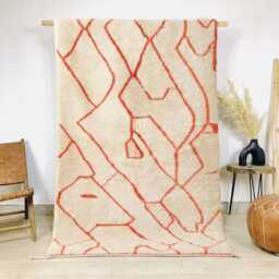 Ivory Moroccan Rug With Coral Abstract Geometric Lines - Large 9x12 Area Handmade Berber Shag For Cozy Living Spaces