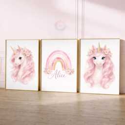 Unicorn Girls Bedroom Prints - Personalised Pink Set Of 3, Rainbow Nursery Wall Art