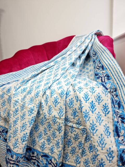 Kantha Stitch Pure Cotton Reversible Bed/Sofa/Picnic /Kids Room Throw Singlesize Handprinted Dohar Floral Summer White Sky Blue Motif Stripe - image 1