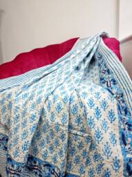 Kantha Stitch Pure Cotton Reversible Bed/Sofa/Picnic /Kids Room Throw Singlesize Handprinted Dohar Floral Summer White Sky Blue Motif Stripe - thumbnail 1