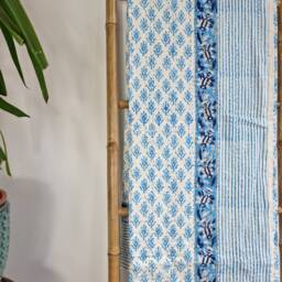 Kantha Stitch Pure Cotton Reversible Bed/Sofa/Picnic /Kids Room Throw Singlesize Handprinted Dohar Floral Summer White Sky Blue Motif Stripe - thumbnail 3