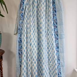 Kantha Stitch Pure Cotton Reversible Bed/Sofa/Picnic /Kids Room Throw Singlesize Handprinted Dohar Floral Summer White Sky Blue Motif Stripe - thumbnail 2