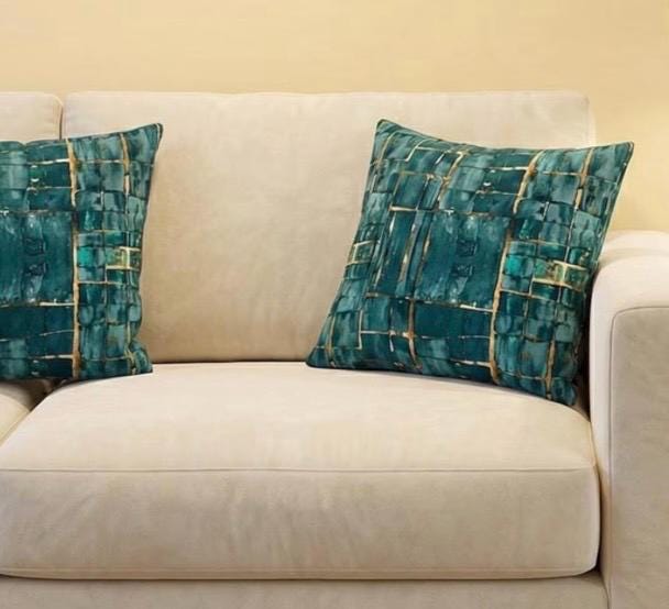 Handmade By Order Luxury Jade Teal Blue & Gold Cube Abstract Pattern Velvet Cushion Covers Bespoke Sizes Available - image 1