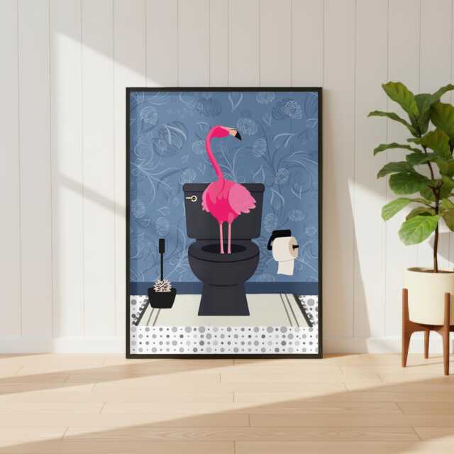 Flamingo On The Toilet in A Blue Bathroom Print. Funny Animal Bathroom Prints - image 1