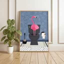 Flamingo On The Toilet in A Blue Bathroom Print. Funny Animal Bathroom Prints - thumbnail 3