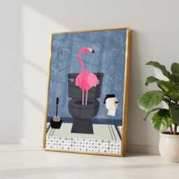 Flamingo On The Toilet in A Blue Bathroom Print. Funny Animal Bathroom Prints - thumbnail 2