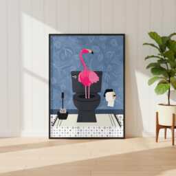 Flamingo On The Toilet in A Blue Bathroom Print. Funny Animal Bathroom Prints - thumbnail 1