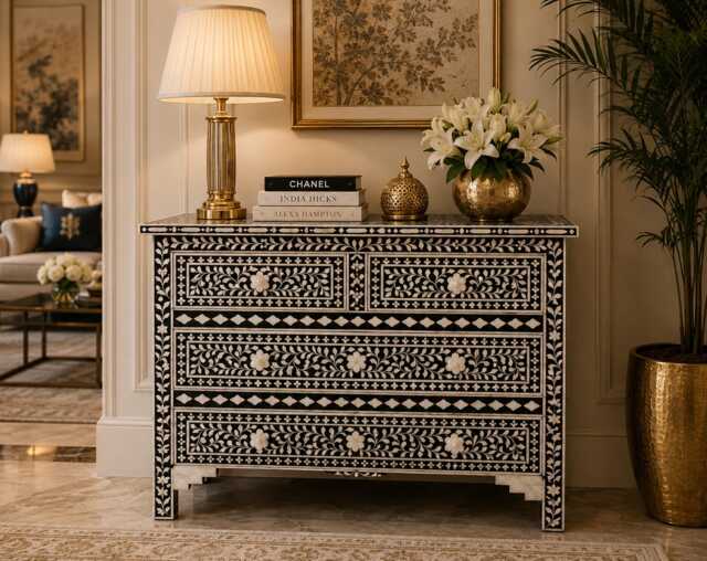 Designer Bone Inlay Dresser Black Floral Pattern Chest Of 4 Drawers Cabinet - image 1