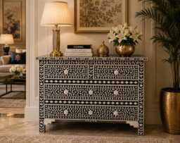 Designer Bone Inlay Dresser Black Floral Pattern Chest Of 4 Drawers Cabinet - thumbnail 1