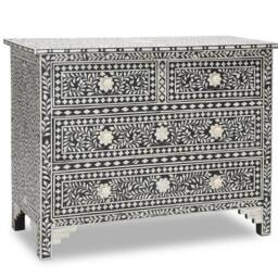 Designer Bone Inlay Dresser Black Floral Pattern Chest Of 4 Drawers Cabinet - thumbnail 3