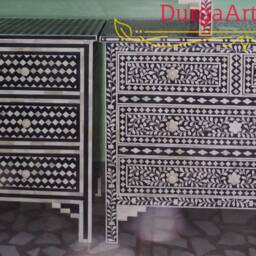 Designer Bone Inlay Dresser Black Floral Pattern Chest Of 4 Drawers Cabinet - thumbnail 4
