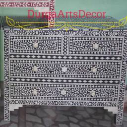 Designer Bone Inlay Dresser Black Floral Pattern Chest Of 4 Drawers Cabinet - thumbnail 2