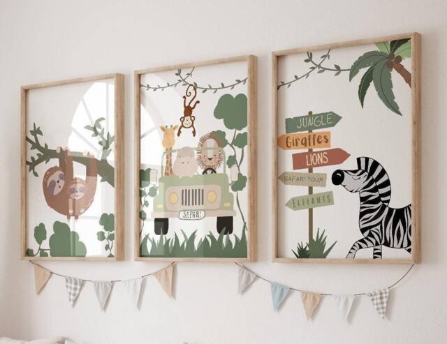 Safari Wall Art Nursery Poster Printed Canvas Painting With Lion Monkey Giraffe Zebra - image 1