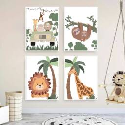 Safari Wall Art Nursery Poster Printed Canvas Painting With Lion Monkey Giraffe Zebra - thumbnail 3