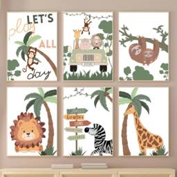 Safari Wall Art Nursery Poster Printed Canvas Painting With Lion Monkey Giraffe Zebra - thumbnail 2