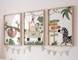 Safari Wall Art Nursery Poster Printed Canvas Painting With Lion Monkey Giraffe Zebra - thumbnail 1