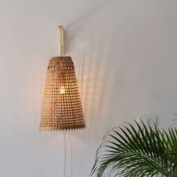 Handwoven Bamboo Wall Sconce - Plug-In Pendant Lamp, Boho Lighting - thumbnail 1