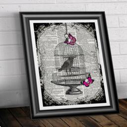 Bird Cage Print On Antique Dictionary Page, Raven & Pink Skull Flies Old Book Page Print. Wall Decor, Art Dictionary - thumbnail 2