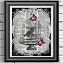 Bird Cage Print On Antique Dictionary Page, Raven & Pink Skull Flies Old Book Page Print. Wall Decor, Art Dictionary - thumbnail 1