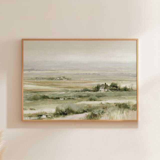 Farmhouse Landscape Poster, Neutral Countryside Wall Art, Rural Print - image 1