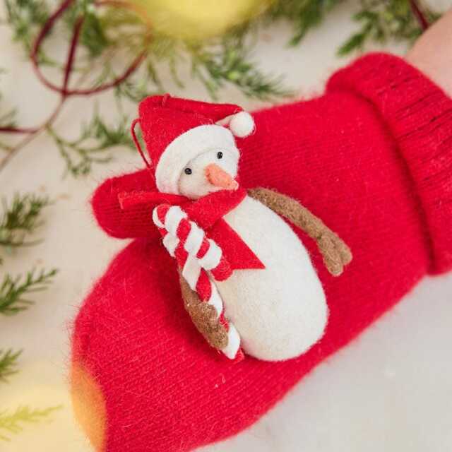 Candy Cane Snowman, Hand Felted Christmas Ornament, Handmade Holiday Charm - image 1