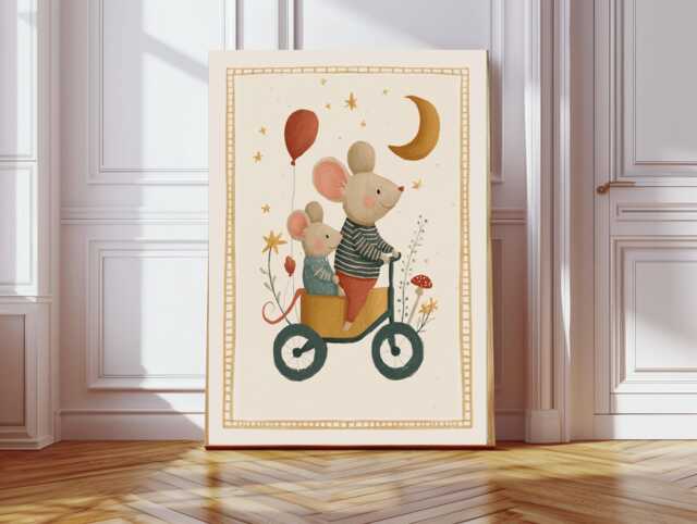Tricycle Mouse Art Print, Cute Minimalist Nursery Wall Art, Reading Book Print, Kids Room, Animal For Children's Room - image 1