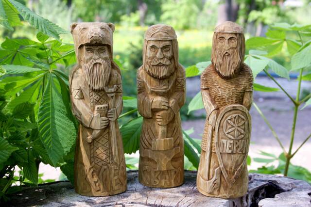 Hand Carved Wooden Slavic God Statues Veles, Svarog, Perun - image 1