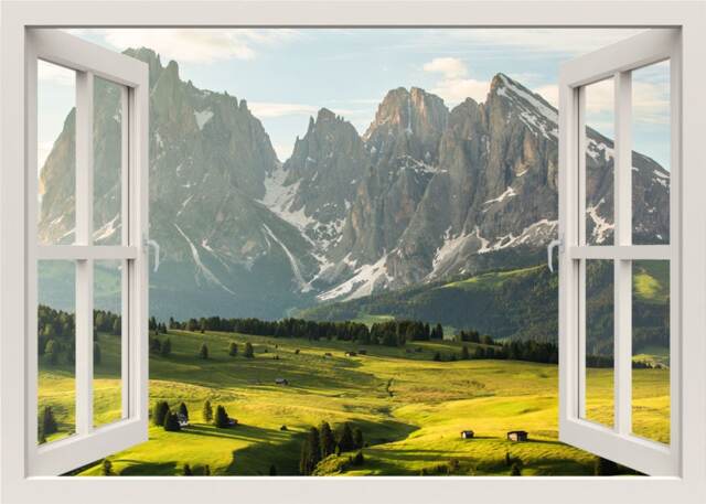 Huge Mountains Wall Decal, 3D Window Landscape Trees Nature Sticker, Frame, View Mural, Home Decor Mural