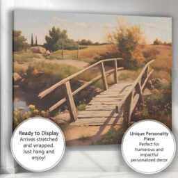 Rustic Country Footbridge Meadow Landscape Painting Canvas Wall Art Print Decor Picture Ready To Hang - thumbnail 3