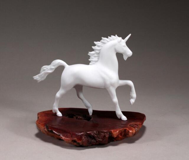 Unicorn Sculpture By John Perry 8In Long On Burlwood Slab Signed - image 1