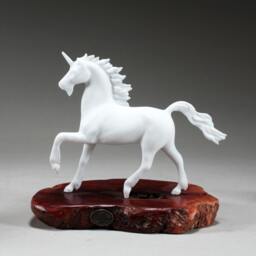 Unicorn Sculpture By John Perry 8In Long On Burlwood Slab Signed - thumbnail 2
