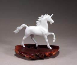 Unicorn Sculpture By John Perry 8In Long On Burlwood Slab Signed - thumbnail 1