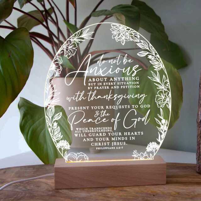 Engraved Wooden Night Light, Philippians 46-7, Usb Desk Lamp - image 1