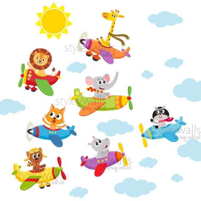 Airplanes Wall Decal, Sticker, Animals With Flying Jungle Safari Kids Nursery Baby Room Decor - image 1