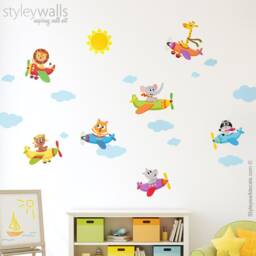 Airplanes Wall Decal, Sticker, Animals With Flying Jungle Safari Kids Nursery Baby Room Decor - thumbnail 3
