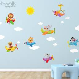 Airplanes Wall Decal, Sticker, Animals With Flying Jungle Safari Kids Nursery Baby Room Decor - thumbnail 2